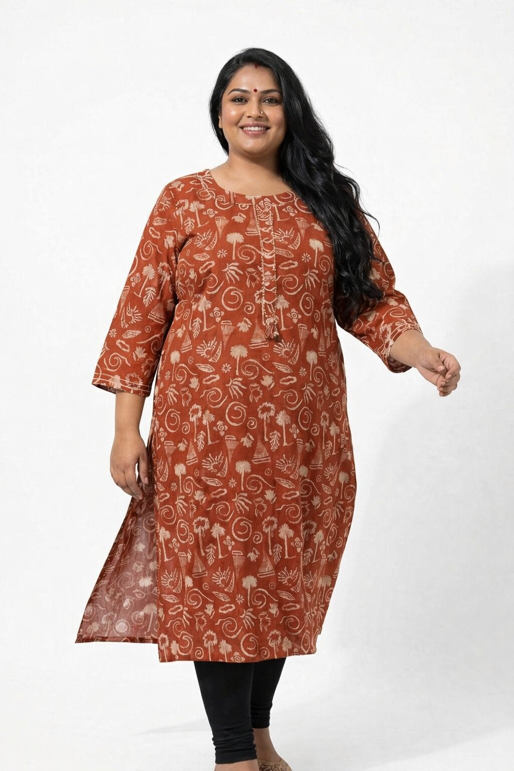 Plus Size Rust Cotton Floral Print Straight Kurta-100088 Main image