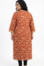 Plus Size Rust Cotton Floral Print Straight Kurta-100088