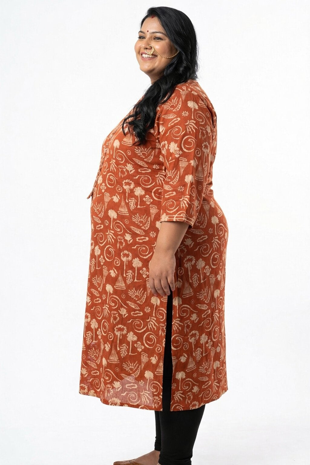 Plus Size Rust Cotton Floral Print Straight Kurta-100088