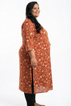 Plus Size Rust Cotton Floral Print Straight Kurta-100088