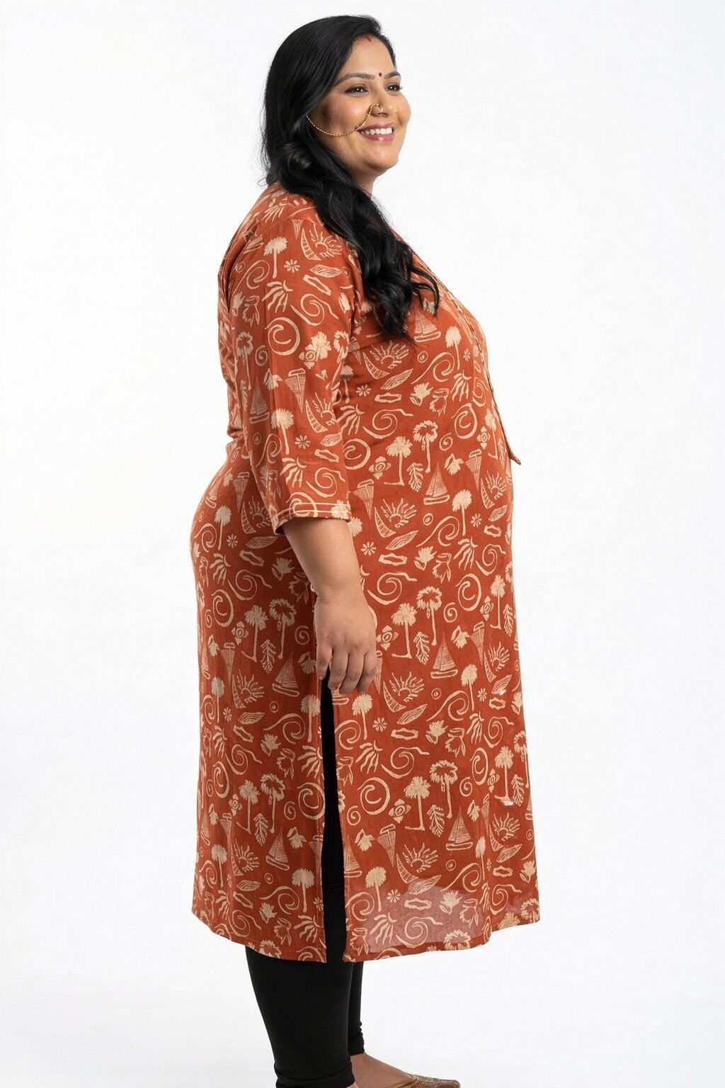 Plus Size Rust Cotton Floral Print Straight Kurta-100088
