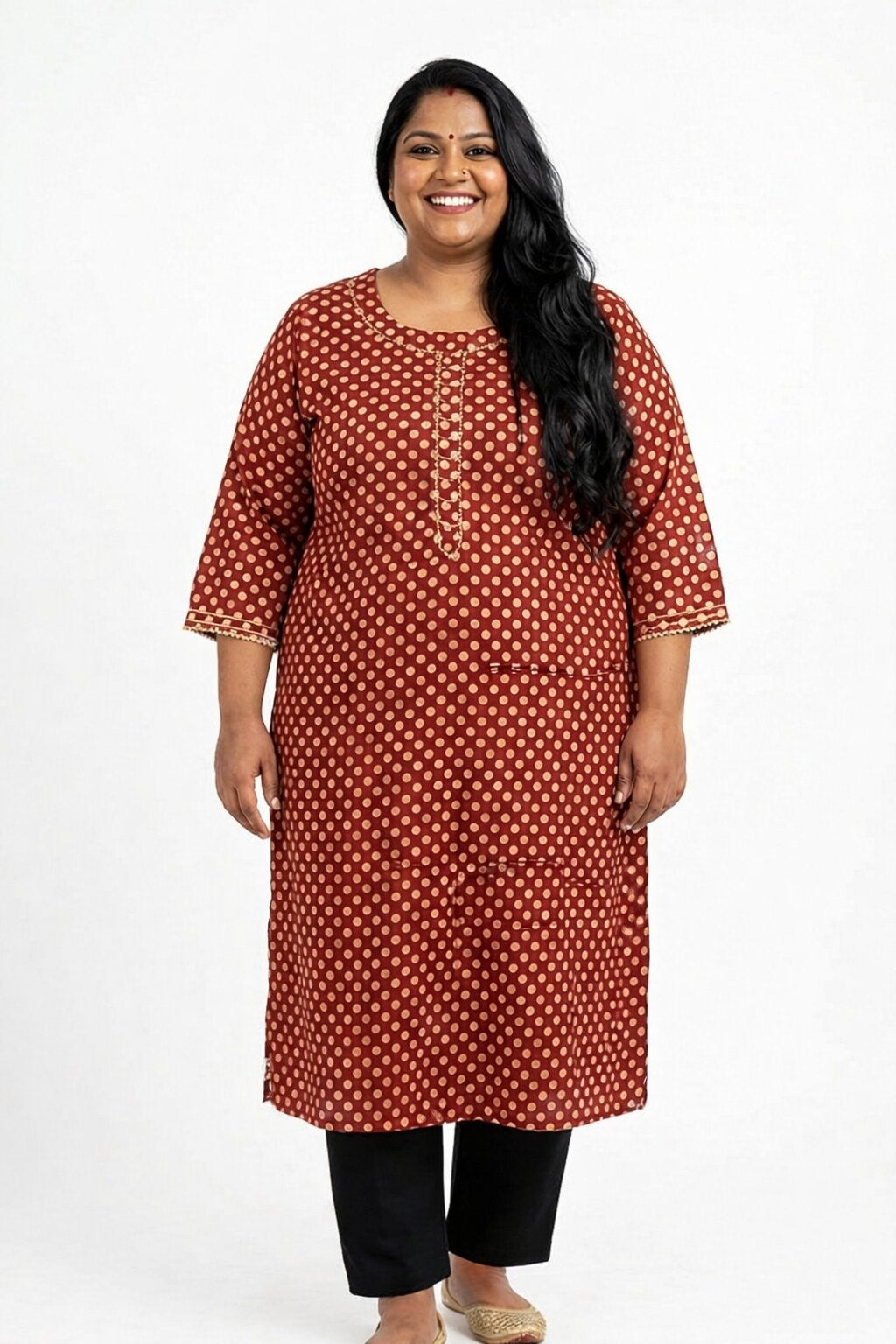 Plus Size Cotton Polka Dot Print  Straight Kurta Rust-100089 Secondary image