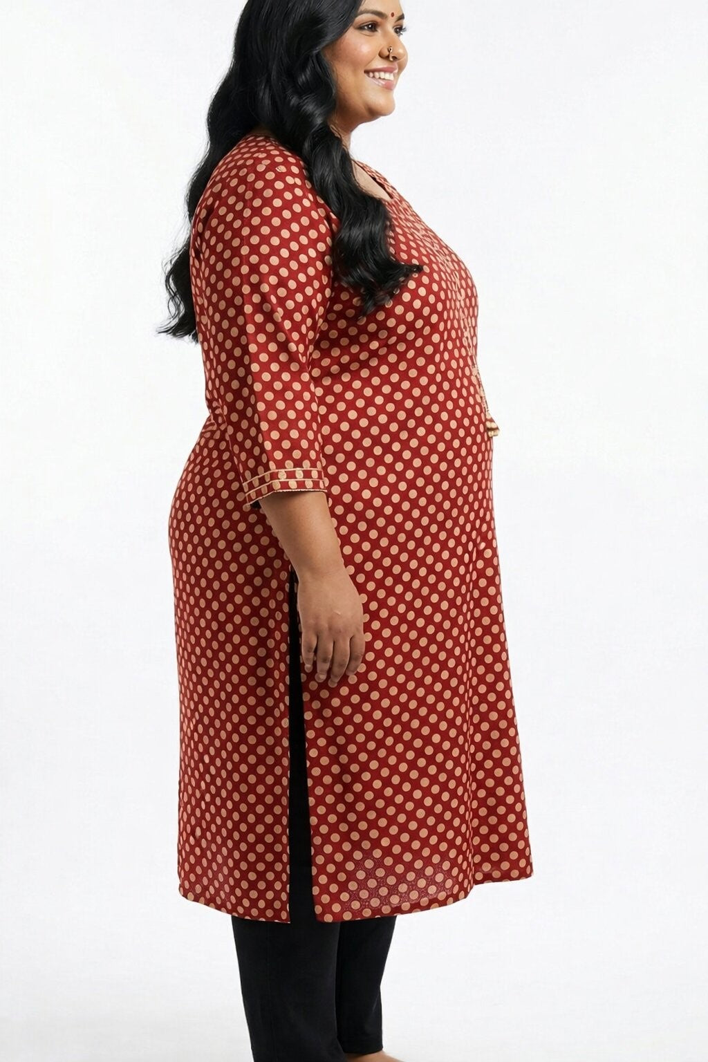 Plus Size Cotton Polka Dot Print  Straight Kurta Rust-100089