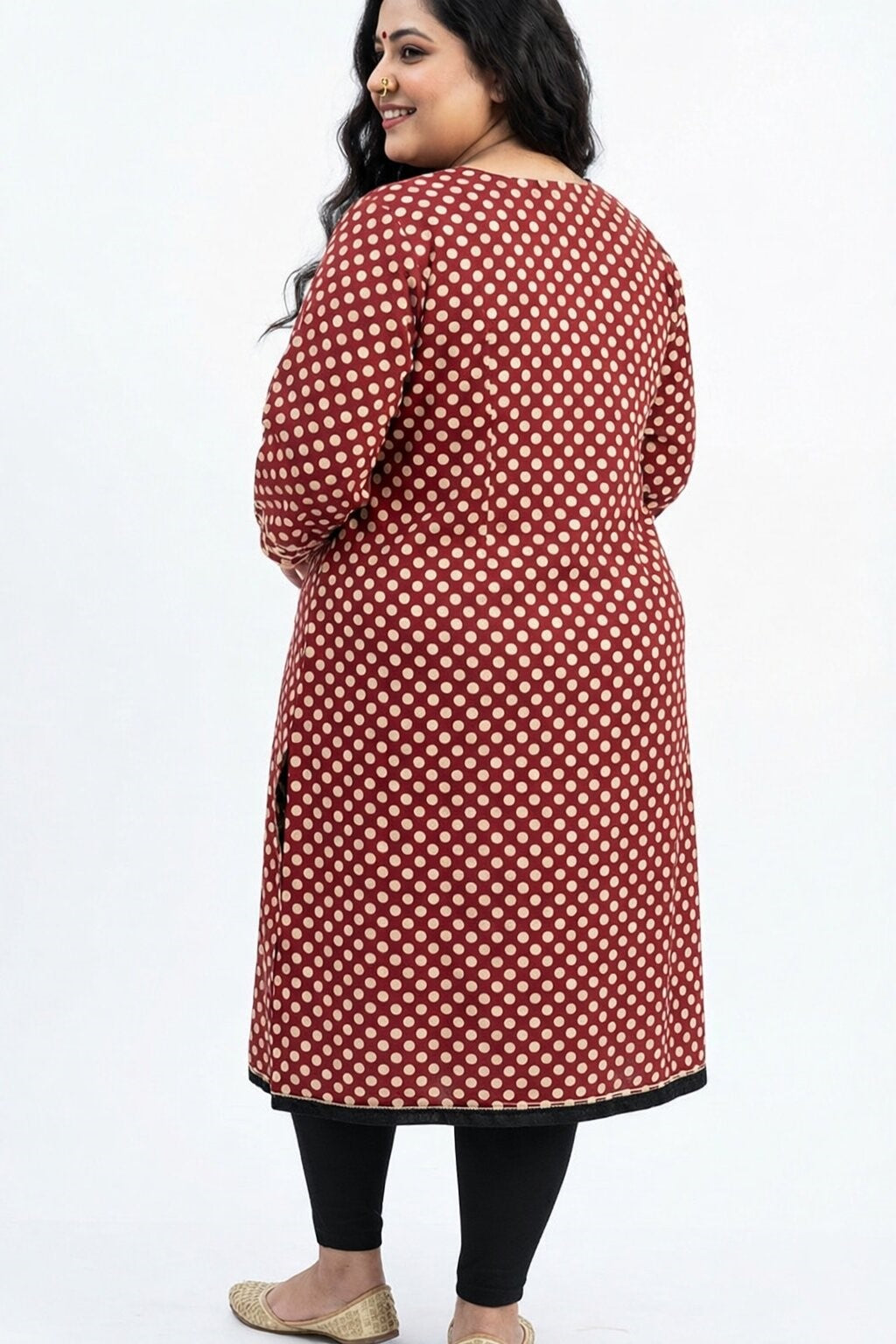 Plus Size Cotton Polka Dot Print  Straight Kurta Rust-100089
