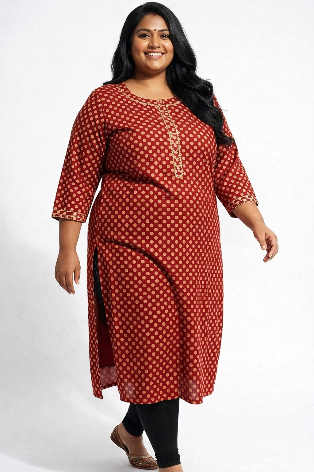 Plus Size Cotton Polka Dot Print  Straight Kurta Rust-100089