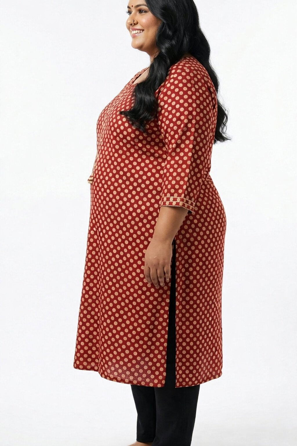 Plus Size Cotton Polka Dot Print  Straight Kurta Rust-100089