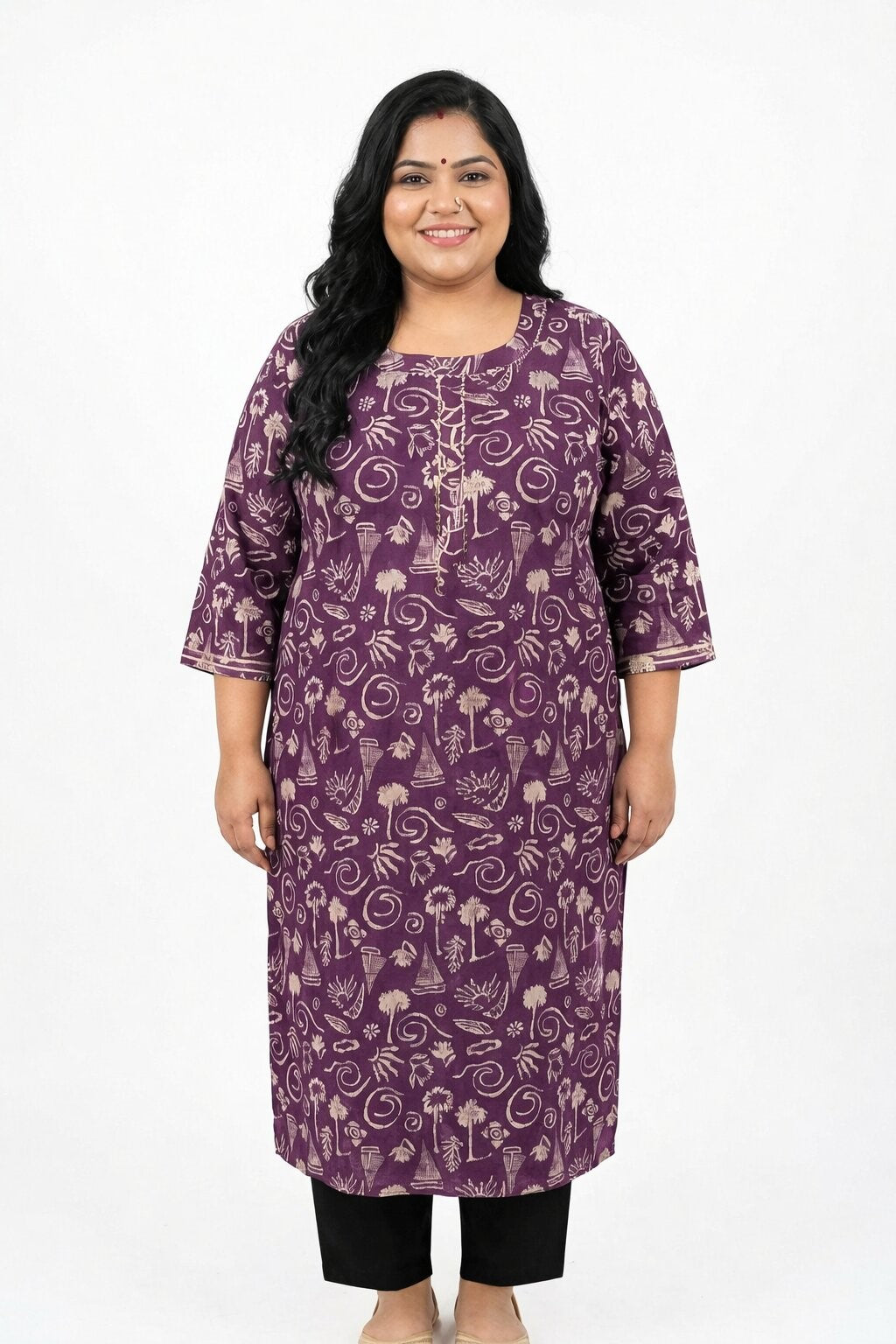 Plus Size Purple Cotton Floral Print Straight Kurta-100090