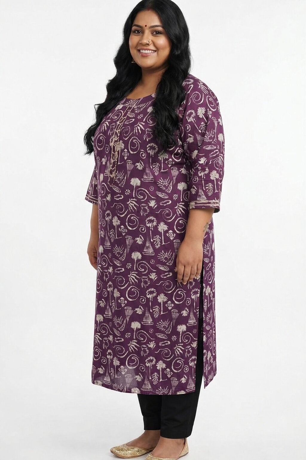 Plus Size Purple Cotton Floral Print Straight Kurta-100090 Secondary image
