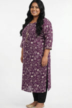 Plus Size Purple Cotton Floral Print Straight Kurta-100090
