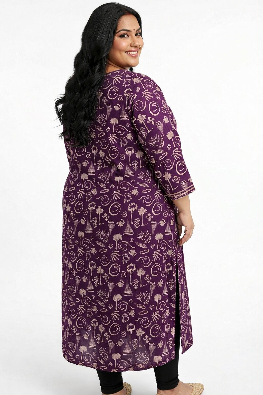 Plus Size Purple Cotton Floral Print Straight Kurta-100090