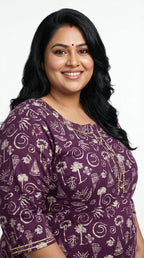 Plus Size Purple Cotton Floral Print Straight Kurta-100090