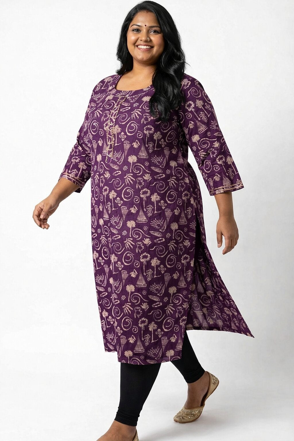 Plus Size Purple Cotton Floral Print Straight Kurta-100090