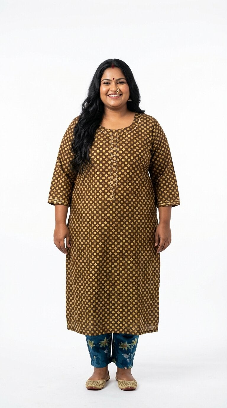 Plus Size Cotton Polka Dot Print  Straight Kurta Green-100091