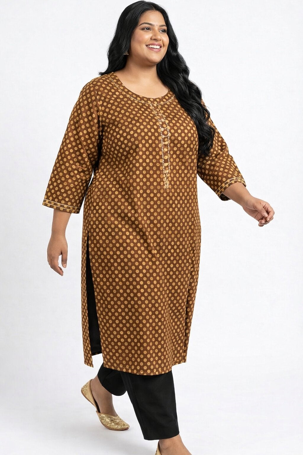 Plus Size Cotton Polka Dot Print  Straight Kurta Green-100091 Secondary image