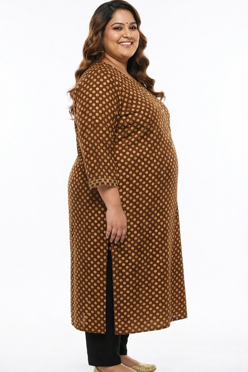 Plus Size Cotton Polka Dot Print  Straight Kurta Green-100091 Secondary image