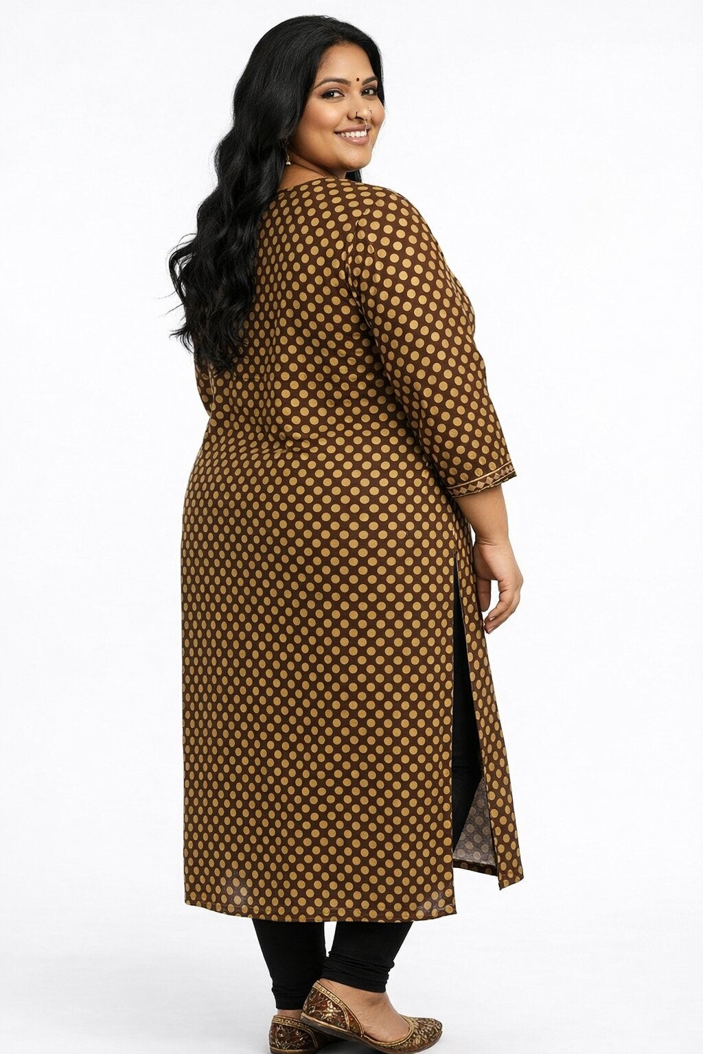 Plus Size Cotton Polka Dot Print  Straight Kurta Green-100091