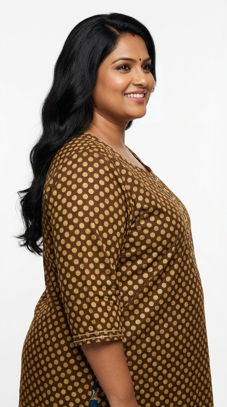 Plus Size Cotton Polka Dot Print  Straight Kurta Green-100091