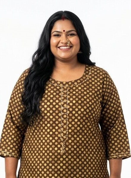 Plus Size Cotton Polka Dot Print  Straight Kurta Green-100091