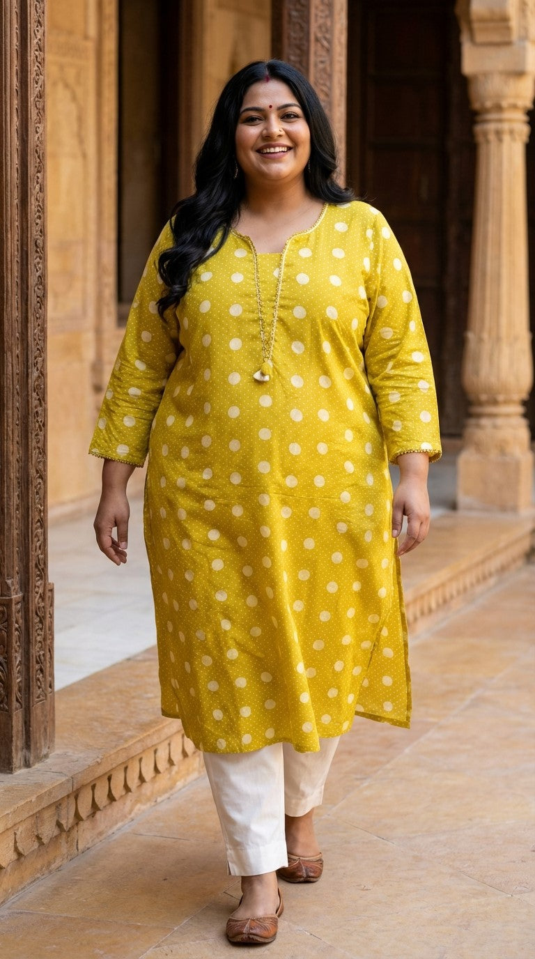 Plus Size Cotton Polka Dot Print  Straight Kurta Yellow-100092 Main image