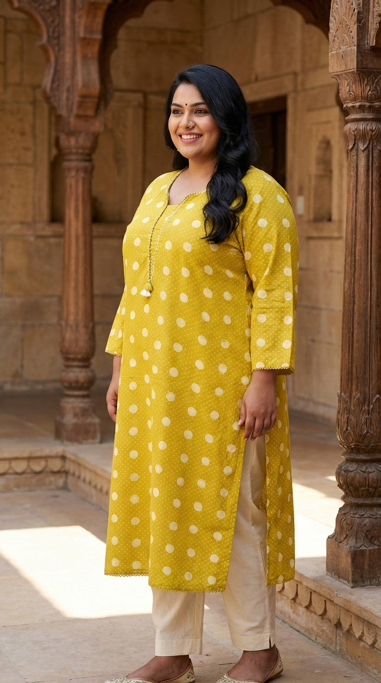Plus Size Cotton Polka Dot Print  Straight Kurta Yellow-100092 Secondary image