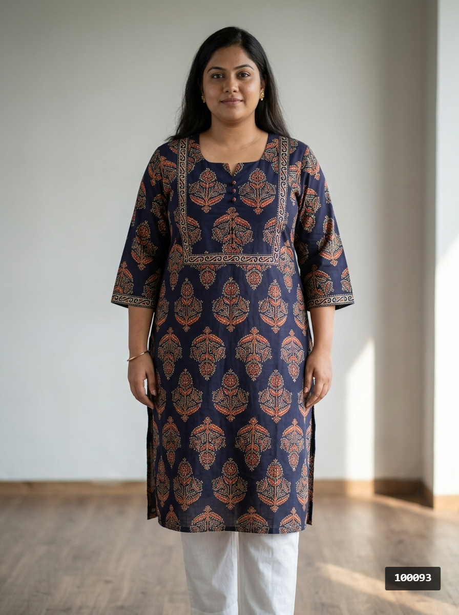 Plus Size Blue Cotton Floral Print Straight Kurta-100093 Secondary image