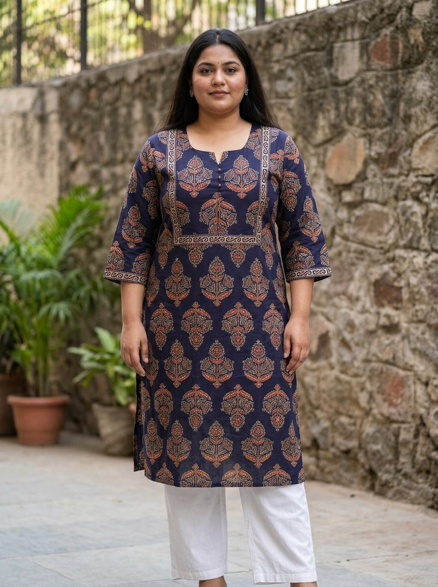 Plus Size Blue Cotton Floral Print Straight Kurta-100093 Main image