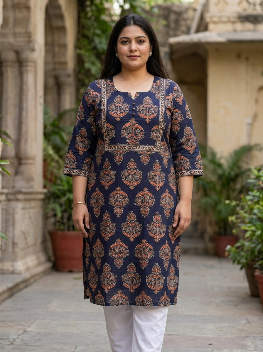 Plus Size Blue Cotton Floral Print Straight Kurta-100093