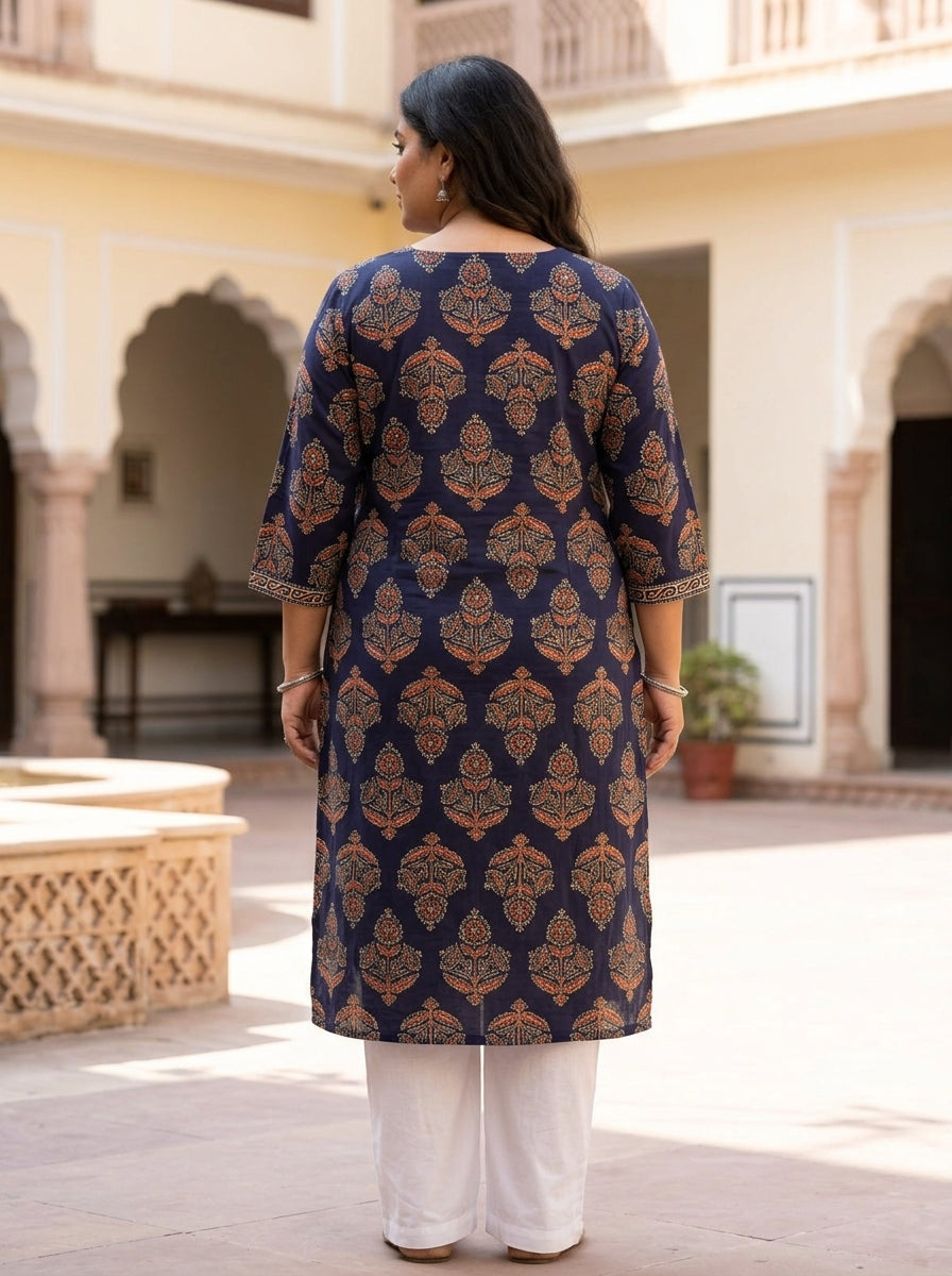Plus Size Blue Cotton Floral Print Straight Kurta-100093