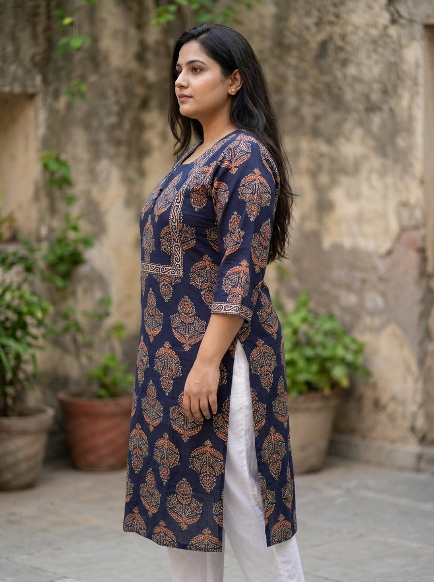 Plus Size Blue Cotton Floral Print Straight Kurta-100093