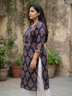 Plus Size Blue Cotton Floral Print Straight Kurta-100093