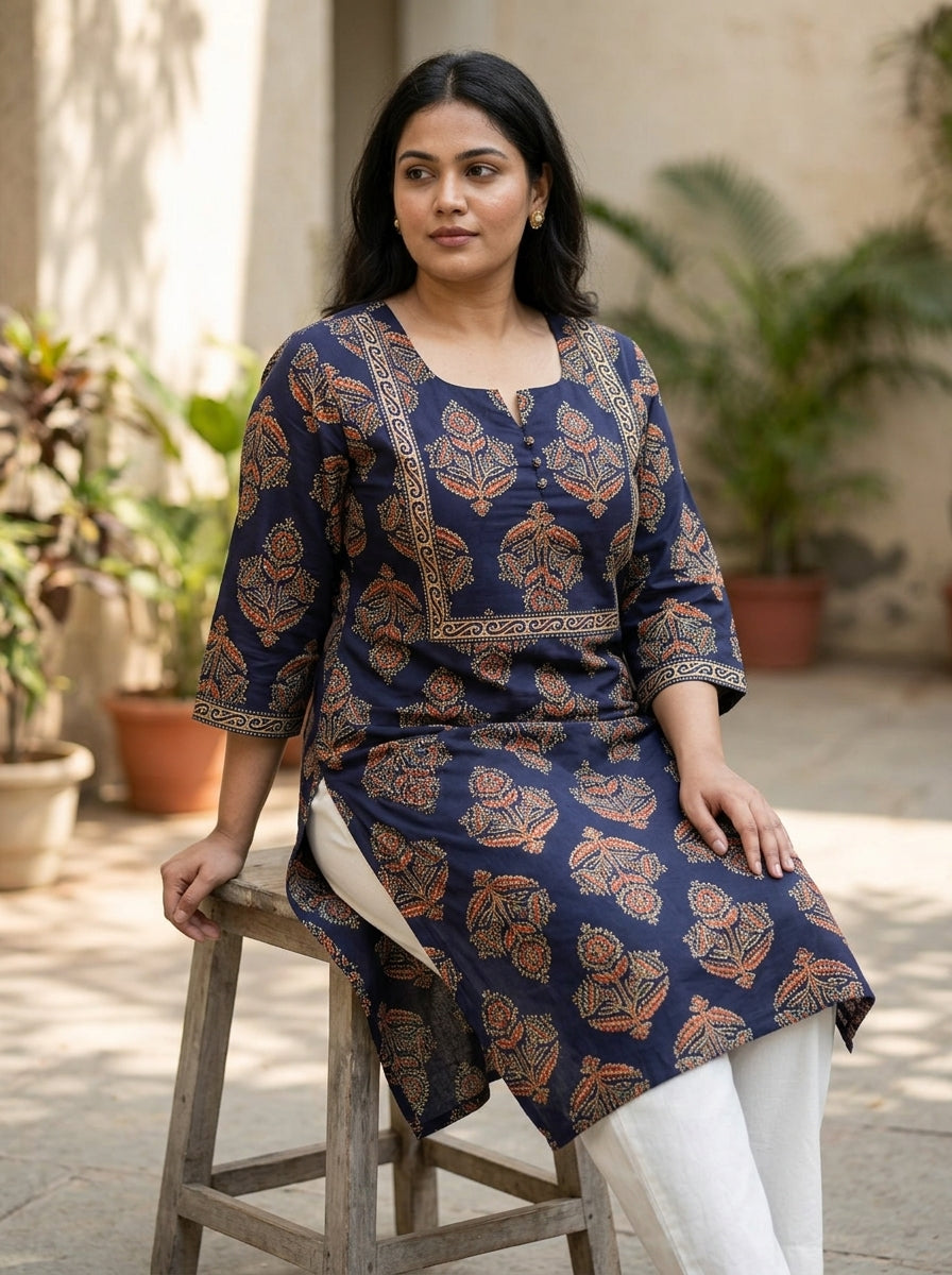 Plus Size Blue Cotton Floral Print Straight Kurta-100093