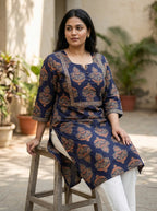 Plus Size Blue Cotton Floral Print Straight Kurta-100093