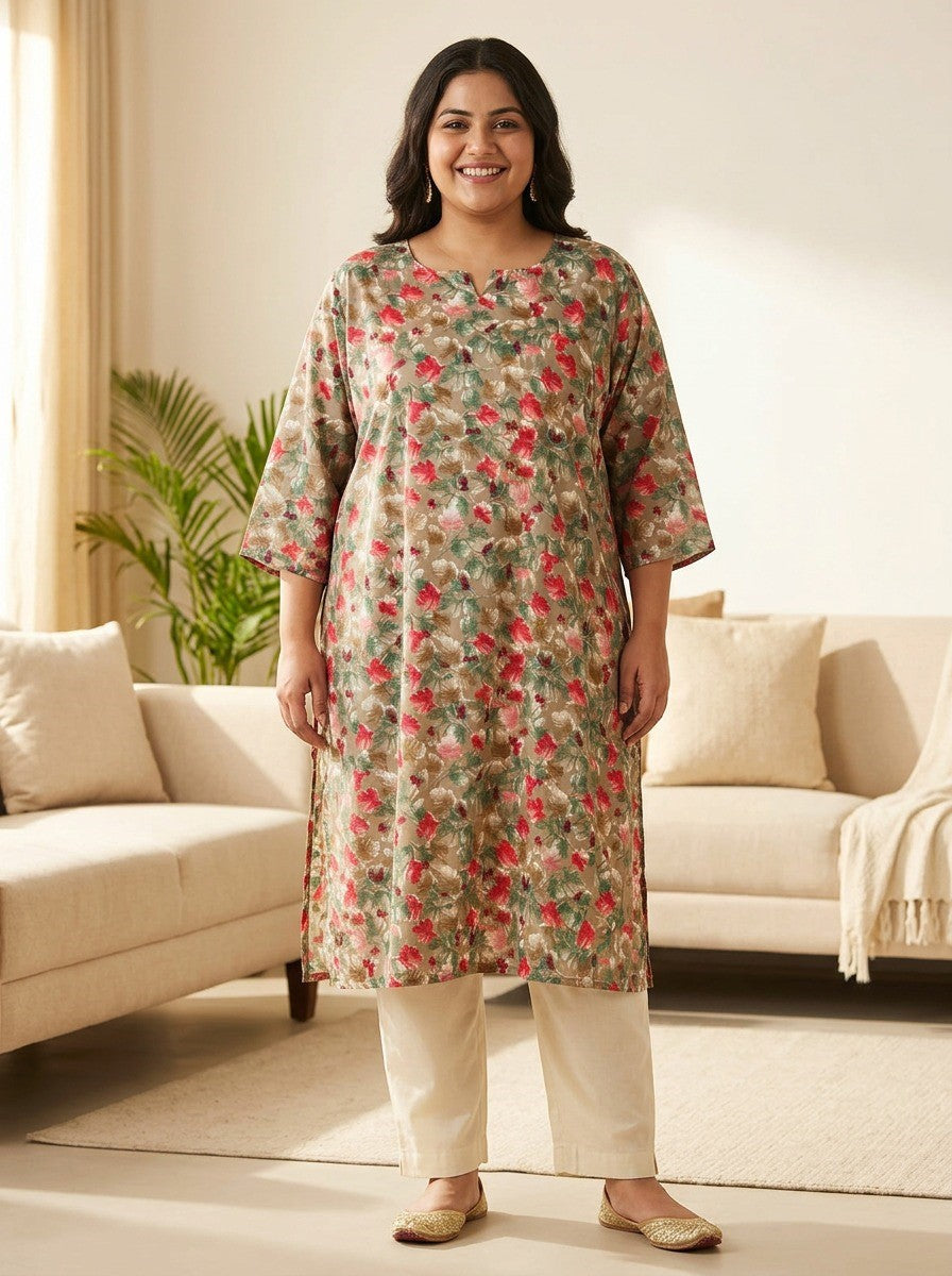 Plus Size Poly Crepe Floral Print  Straight Kurta Brown-100094 Main image