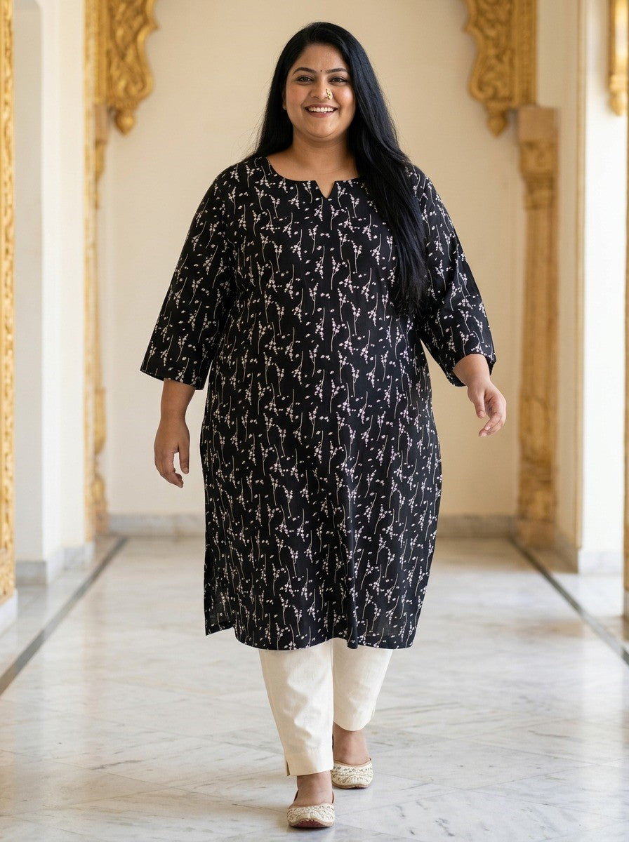 Plus Size Poly Crepe Floral Print  Straight Kurta Black-100096 Main image