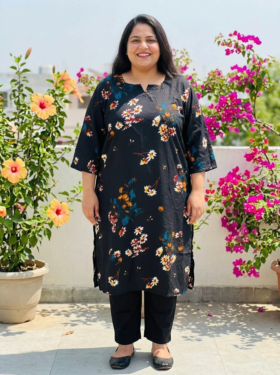 Plus Size Poly Crepe Floral Print  Straight Kurta Black-100097 Main image