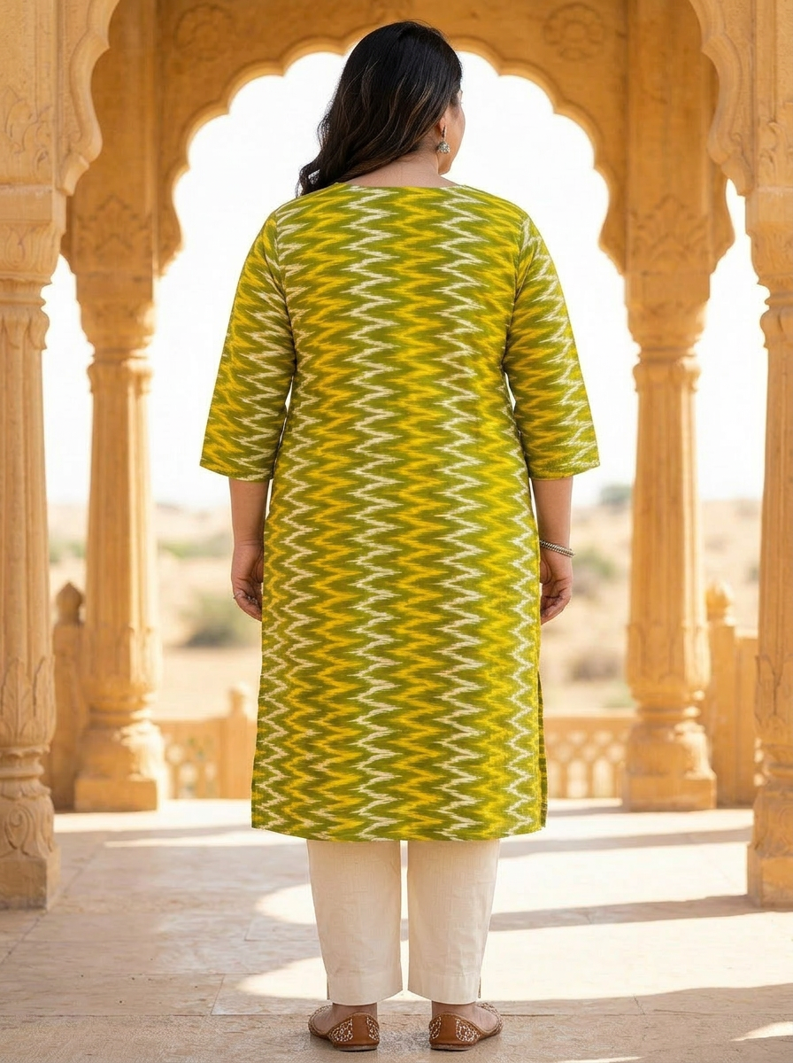 Plus Size Poly Crepe Zig zag Print  Straight Kurta Yellow-100098