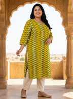Plus Size Poly Crepe Zig zag Print  Straight Kurta Yellow-100098