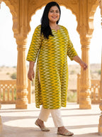 Plus Size Poly Crepe Zig zag Print  Straight Kurta Yellow-100098