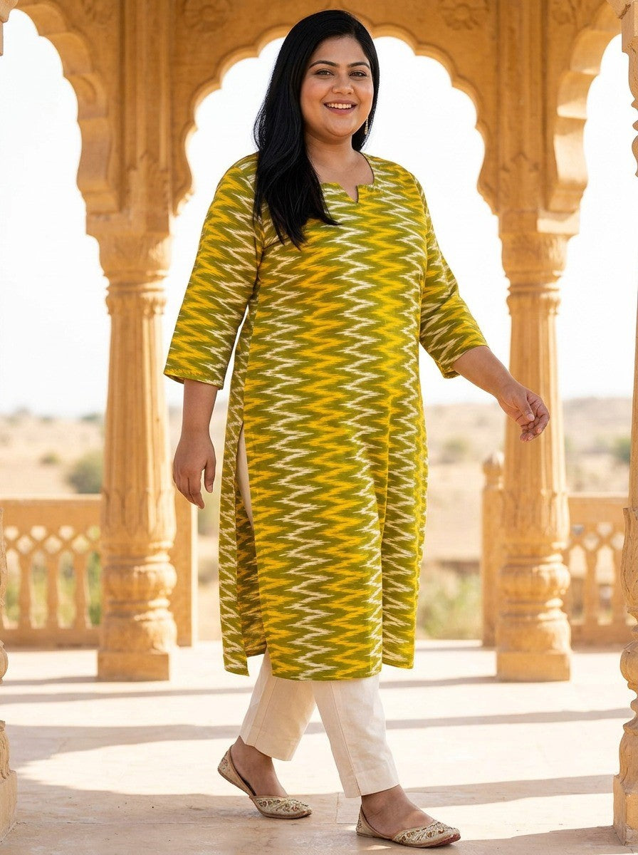 Plus Size Poly Crepe Zig zag Print  Straight Kurta Yellow-100098