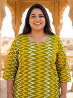 Plus Size Poly Crepe Zig zag Print  Straight Kurta Yellow-100098