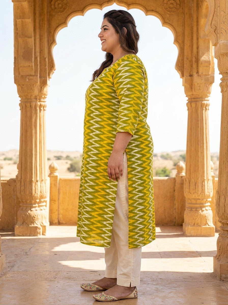 Plus Size Poly Crepe Zig zag Print  Straight Kurta Yellow-100098