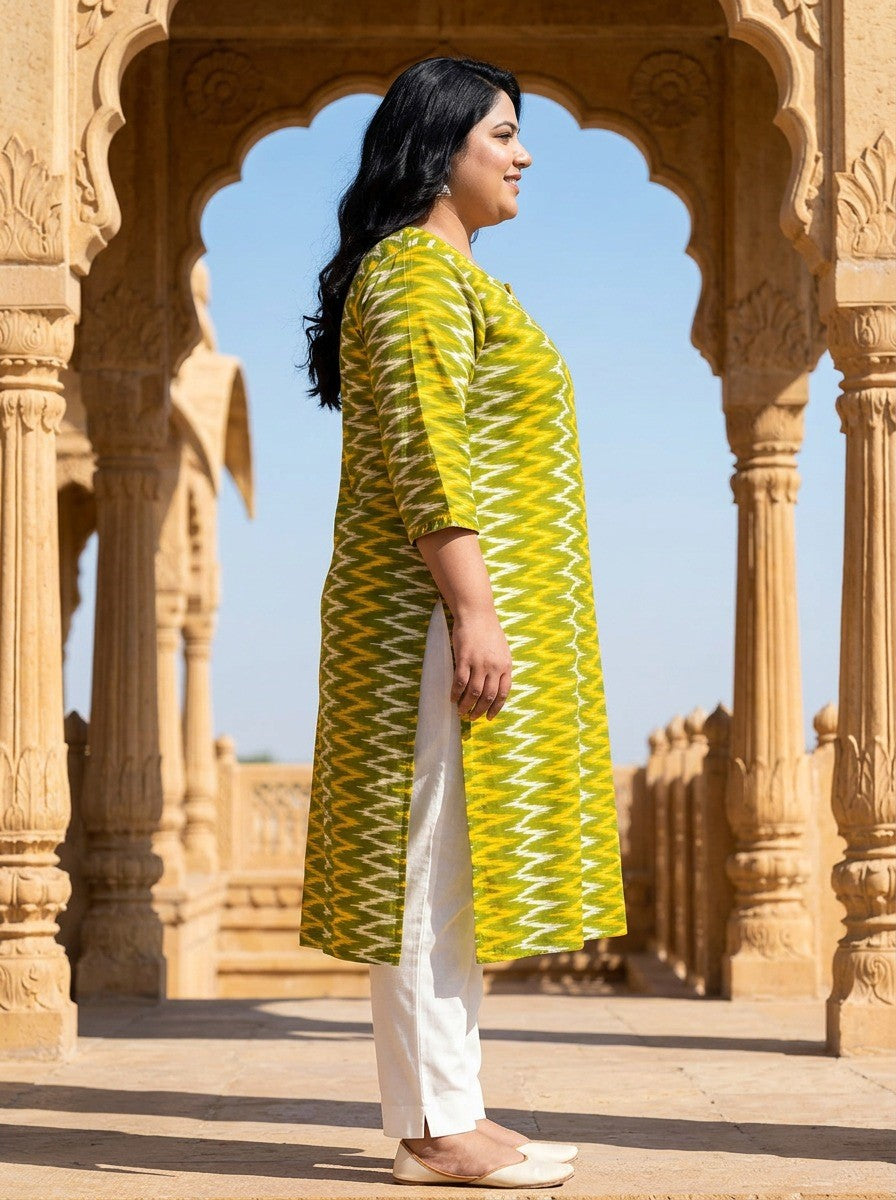 Plus Size Poly Crepe Zig zag Print  Straight Kurta Yellow-100098