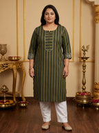 Green Cotton Striped Print Straight Kurta Plus Size-100099