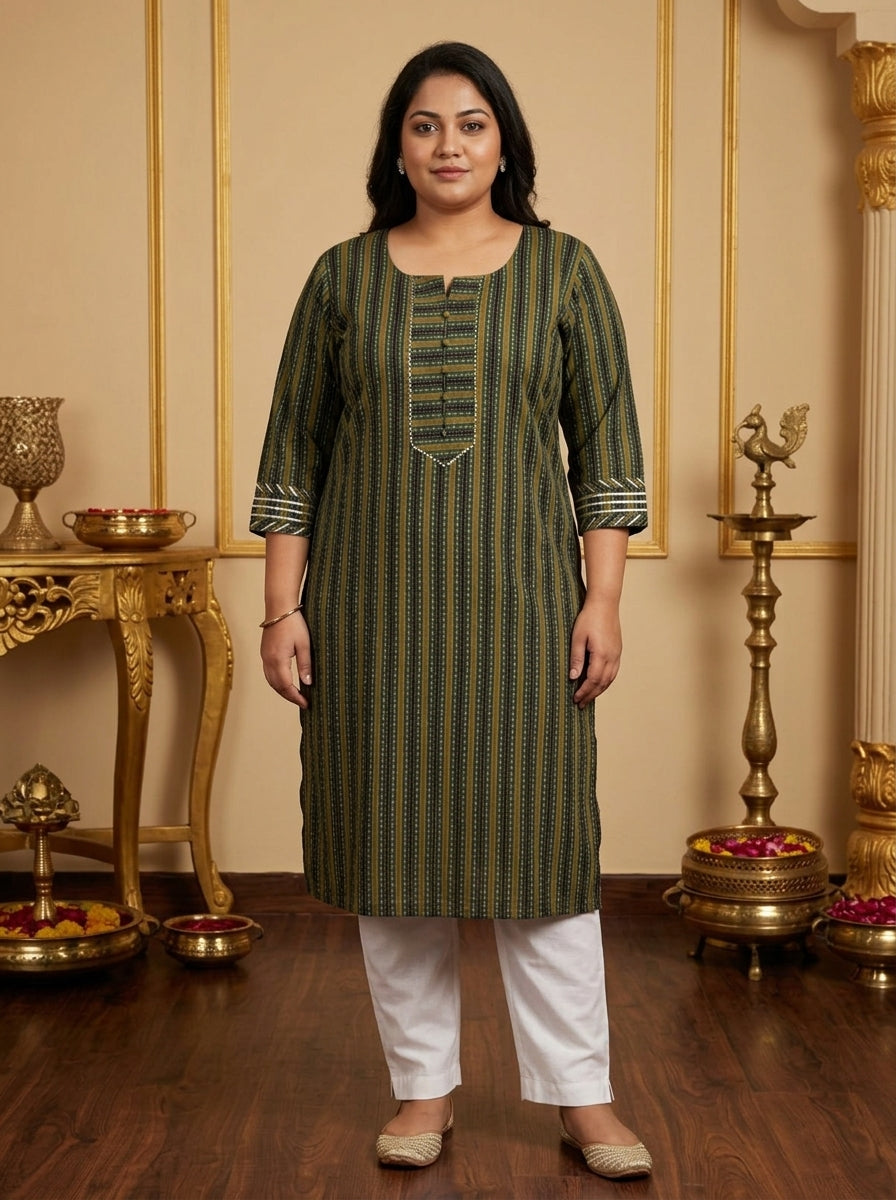 Green Cotton Striped Print Straight Kurta Plus Size-100099