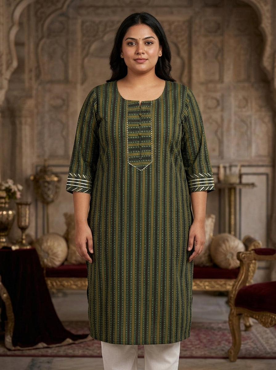 Green Cotton Striped Print Straight Kurta Plus Size-100099
