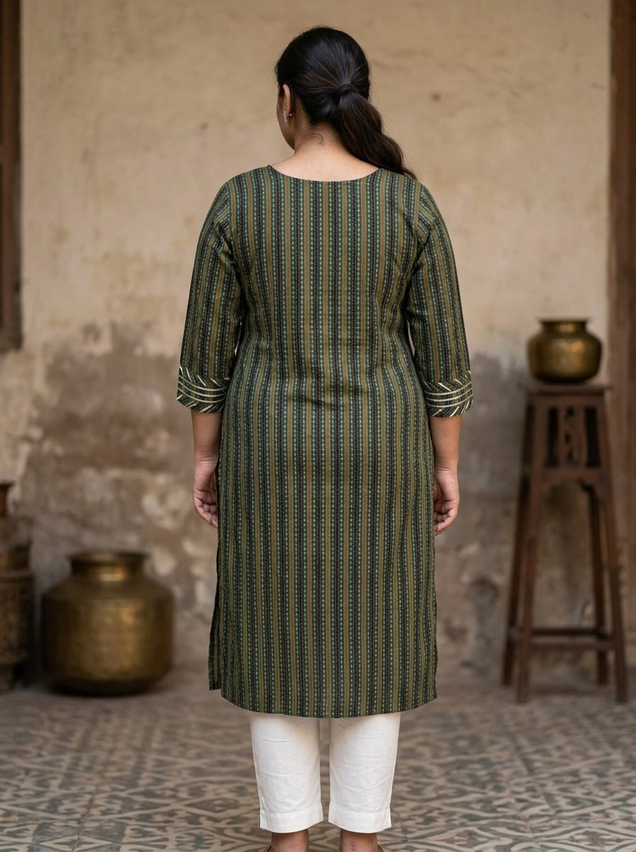 Green Cotton Striped Print Straight Kurta Plus Size-100099
