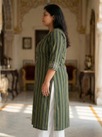 Green Cotton Striped Print Straight Kurta Plus Size-100099