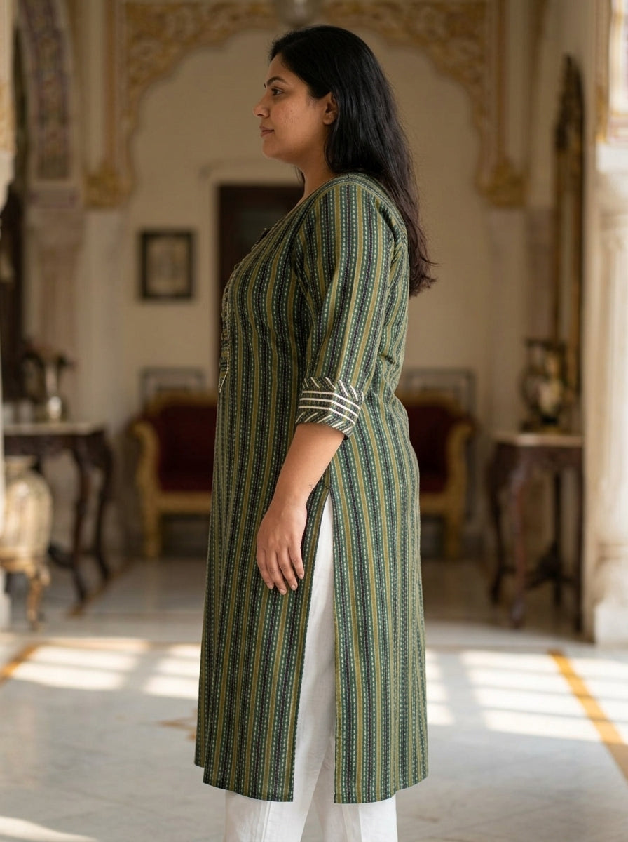 Green Cotton Striped Print Straight Kurta Plus Size-100099