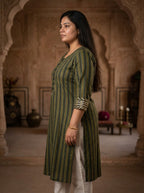 Green Cotton Striped Print Straight Kurta Plus Size-100099