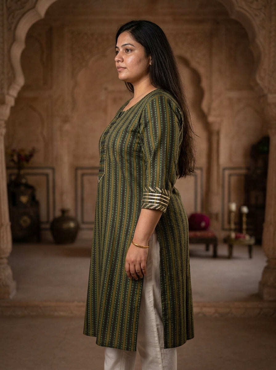 Green Cotton Striped Print Straight Kurta Plus Size-100099